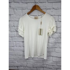 Elie Tahari Womens White Short Sleeve Ruffle Sleeve Crew Neck Top Size Medium
